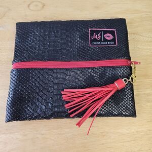 MakeUp Bag "Makeup Junkie" Bubble Python Black Onyx Flat Lg Red Zipper Travel